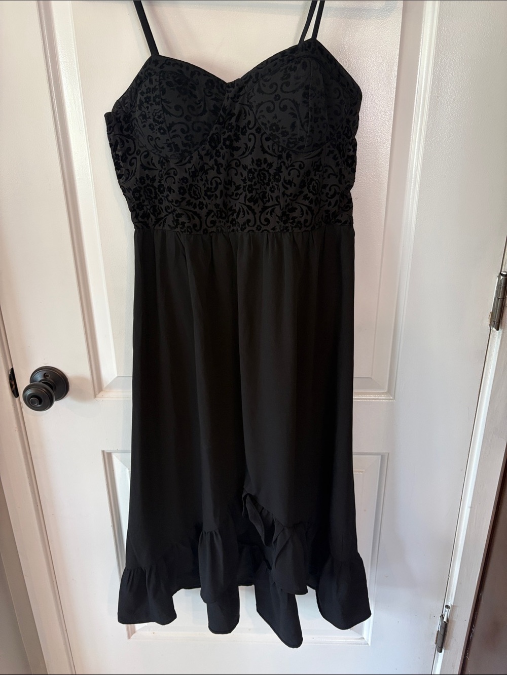 Gorgeous Black Midi Dress with Velvet Burnout Bodice and Ruffle Hem - size M